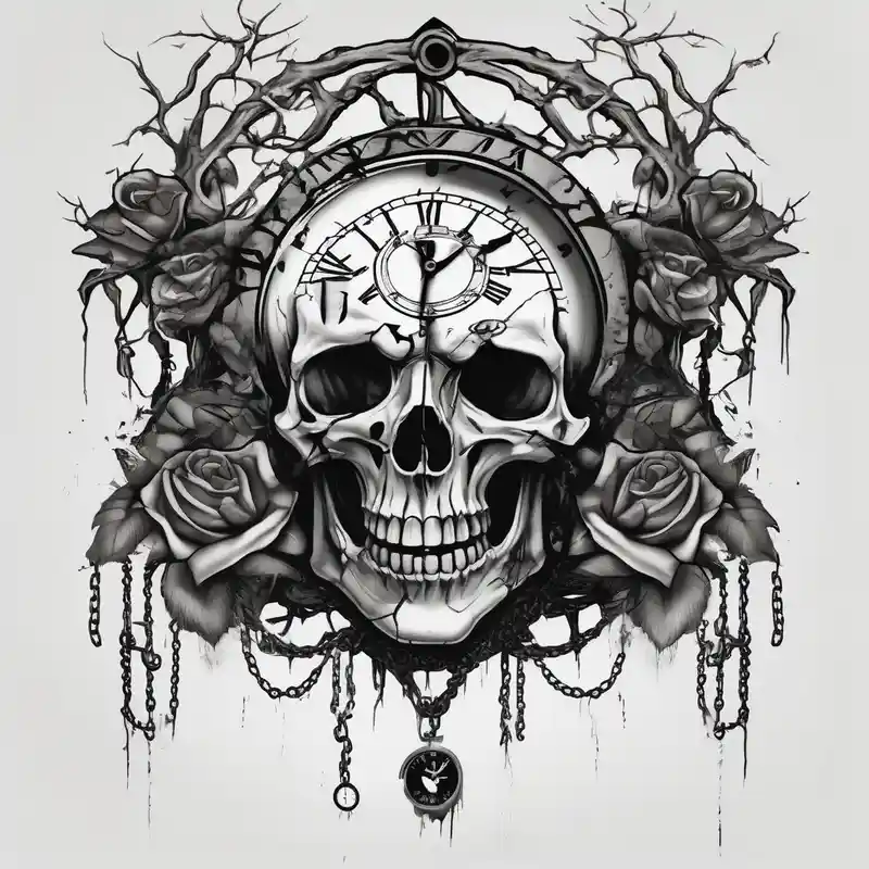 blackwork style Clock Tattoo Ideas in 2025 & free generation about tattoo fool sleeve and tree roots break out of the chains